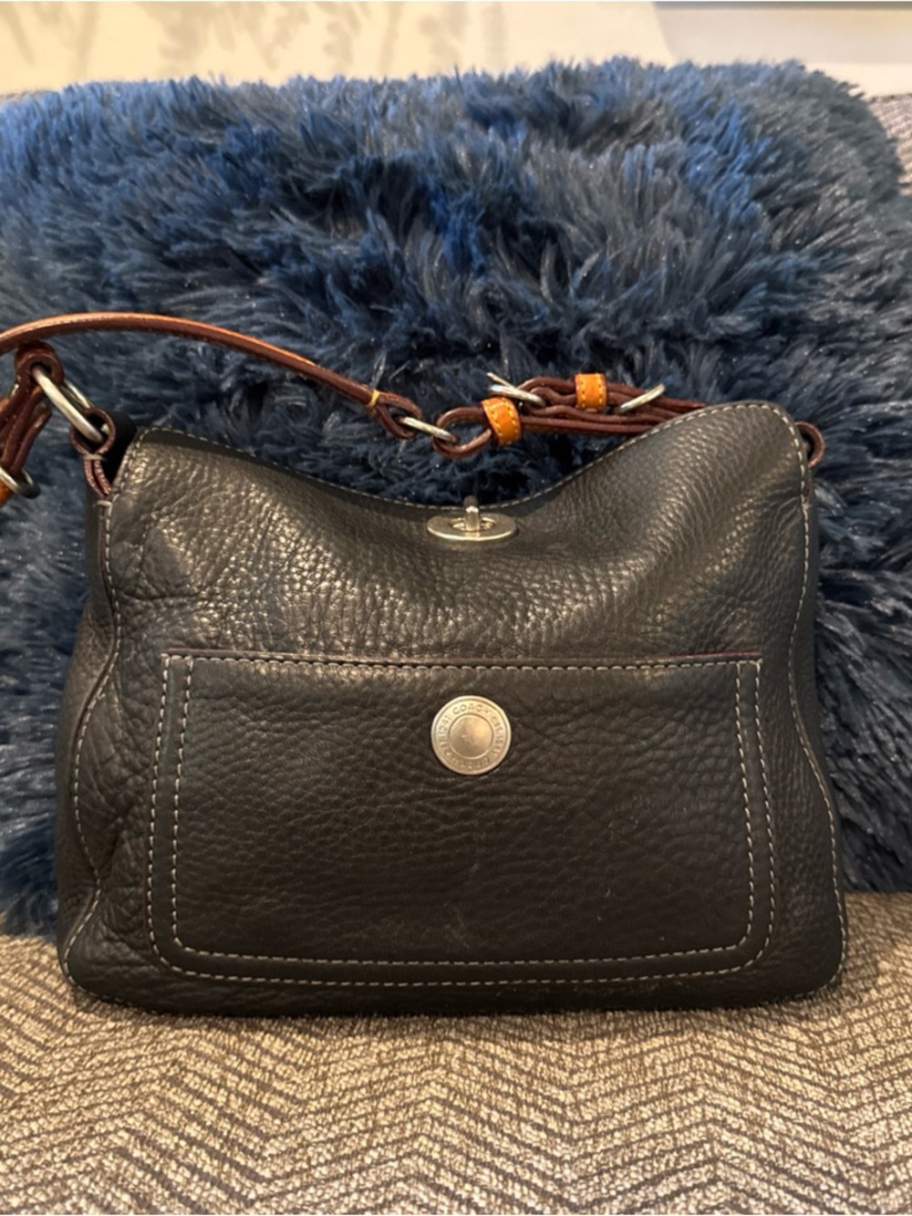 Coach Chelsea Black Pebbled Leather Shoulder Bag with Brown Strap Accents